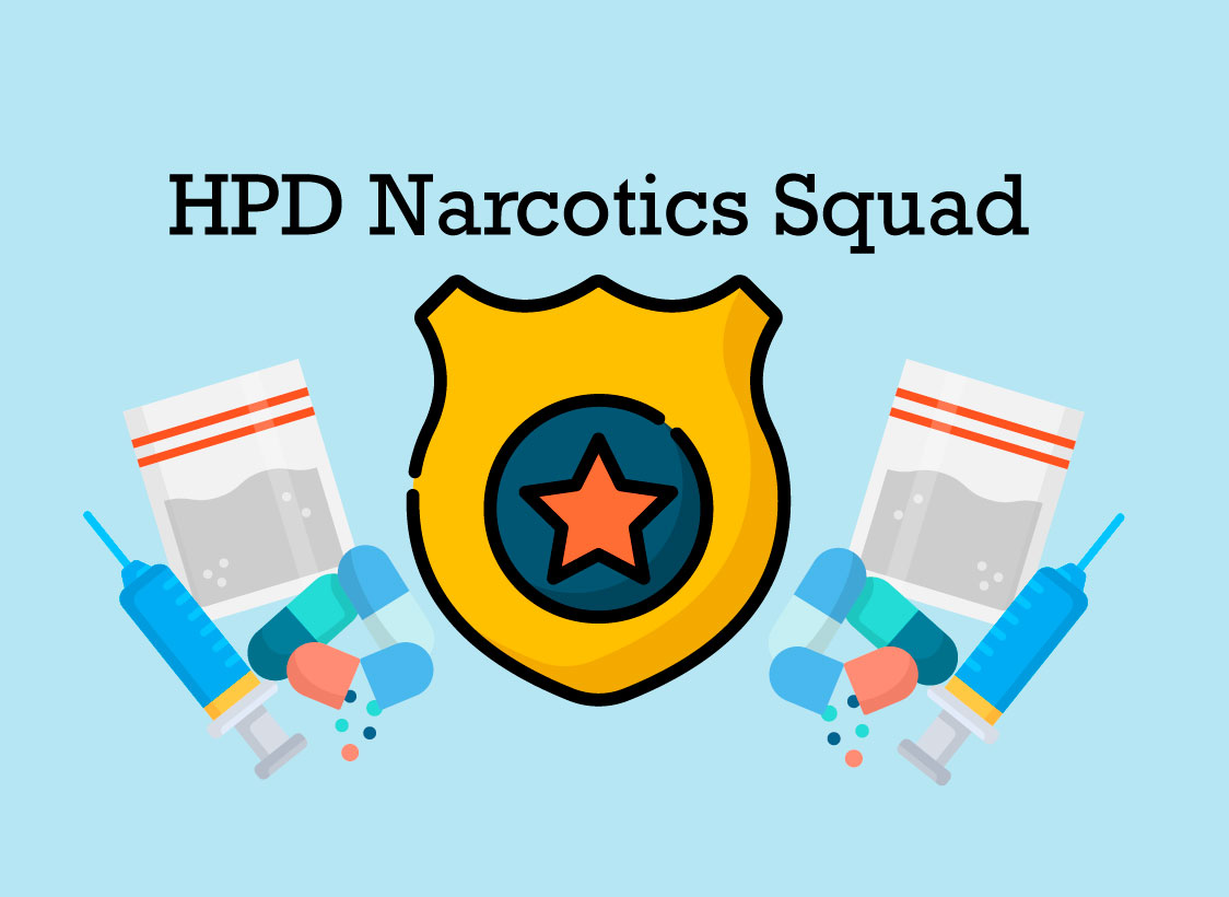 GRAPHIC: Illustration of a badge and drug paraphenila with the title text HPD Narcotics Squad. Graphic by The Signal reporter Hanna Gonzales.