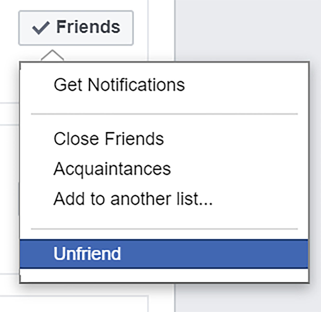 PHOTO: The image is a screenshot from Facebook displaying a drop down menu with Friends at the top. Hovering over 'Friends' releases a drop down menu with the options to Get Notifications Close Friends Acquaintances Add to another list.. Unfriend Promoting NUD, the Unfriend option is highlighted Photo by The Signal reporter Brittany Ballast.
