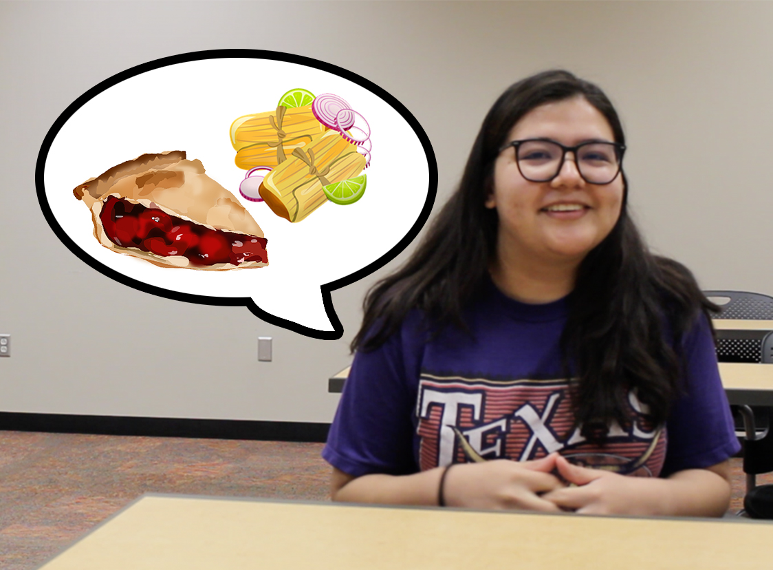 IMAGE: Screen capture of Stephanie Perez, Communication major, from video by The Signal reporter Aldana Reyes. Graphics courtesy of AnnaliseArt and OpenClipart-Vectors through the Creative Commons on Pixabay. Image by The Signal Online Editor Alyssa Shotwell. https://pixabay.com/vectors/pie-cherry-cherry-pie-sweets-food-156493/ & https://pixabay.com/illustrations/mexican-food-taco-tuesday-burrito-4206065/