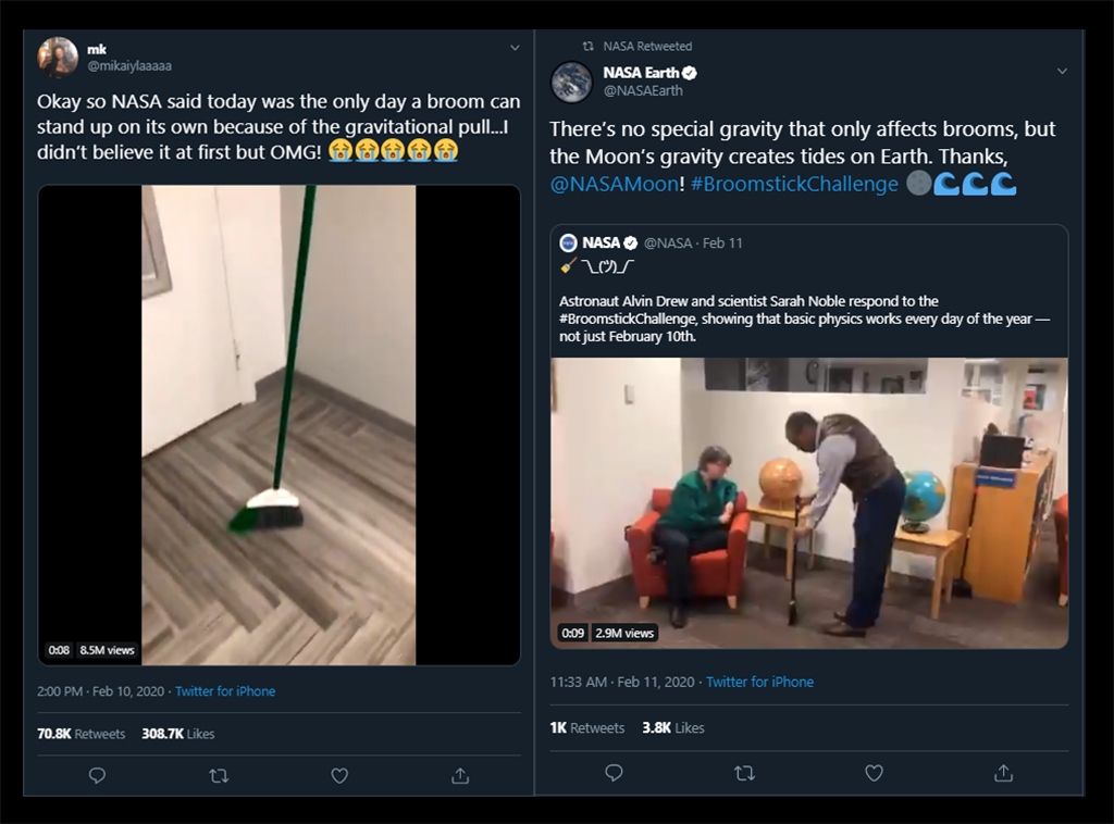 PHOTO: Posts from Twitter from the broom challenge. The left one is the original posting with a broom standing upright. The right one is two individuals from NASA debunking the story one day later while standing a broom upright. Screenshots from Twitter users @mikaiylaaaaa and @NASAEarth respectively.