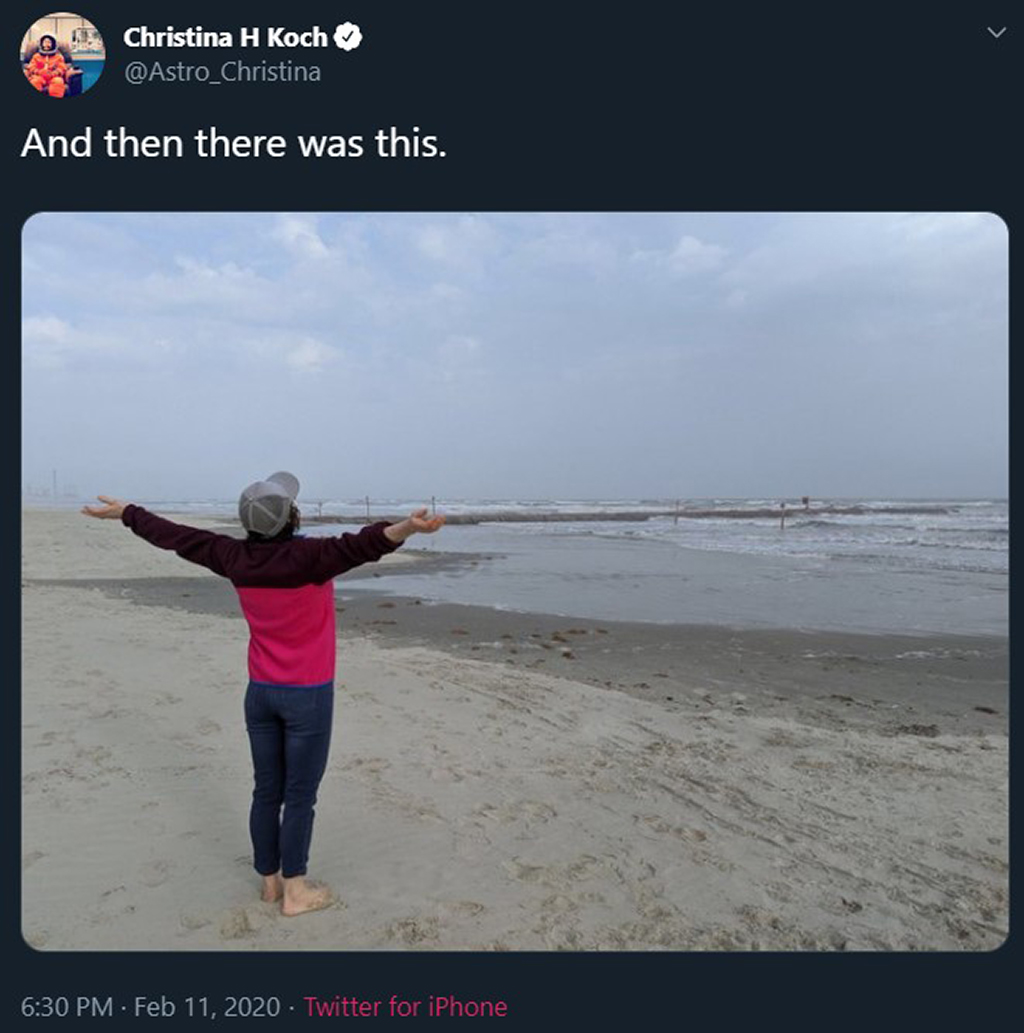 PHOTO: Screenshot of a tweet by Christina Koch with an image of her on the beach. Screenshot by The Signal reporter Madison Ballard.