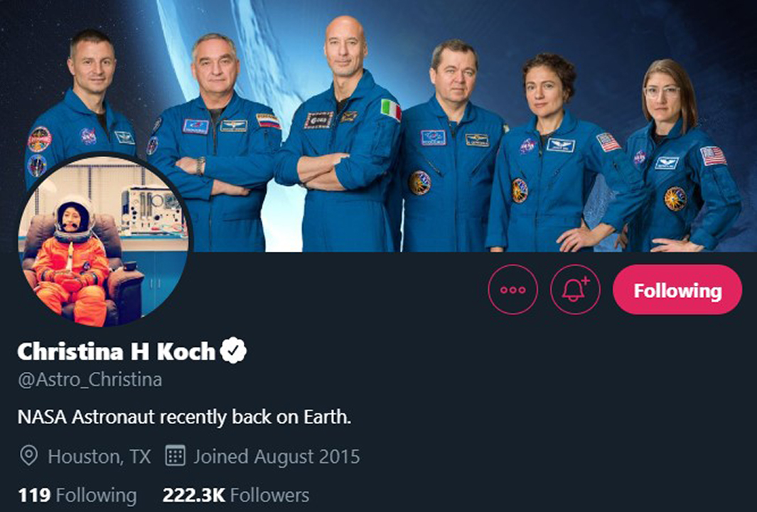 PHOTO: Screenshot of Christina Koch's Twitter profile including her header image of the flight crew of Expedition 61. Screenshot by The Signal reporter Madison Ballard.