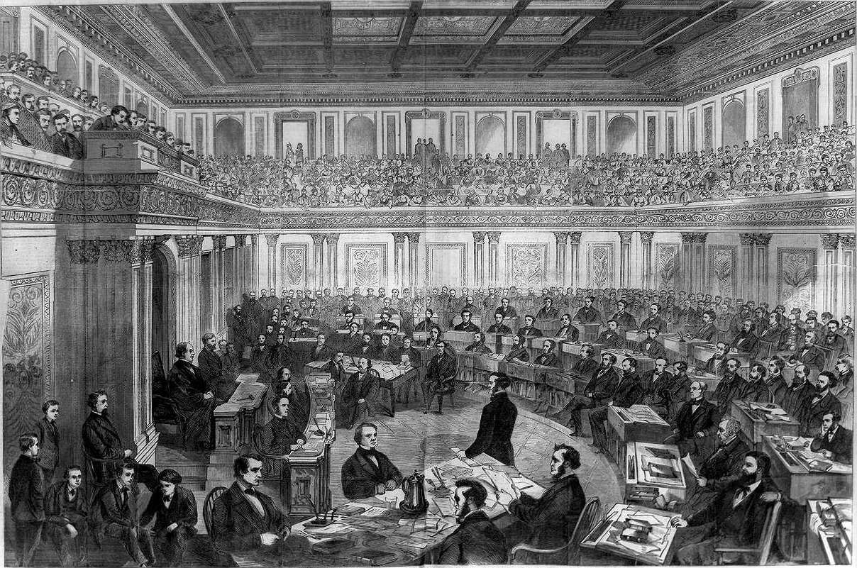 ILLUSTRATION: President Andrew Johnson was impeached in 1868. Illustration shows Senate in sessions for the impeachment. Illustration courtesy of Wikimedia Commons.