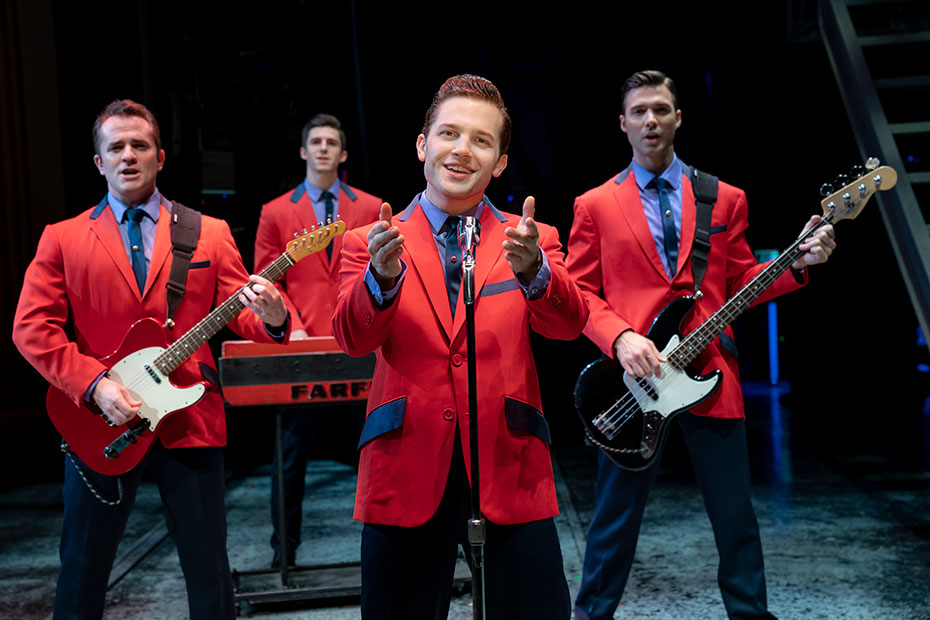 PHOTO: The cast facing stage left towards the camera during the performance at "American Band Stand." Left to Right: Greenan, Chambliss, Hacker and Milton. Photo by Joan Marcus and courtesy of Jersey Boys on Tour. SOURCE: http://www.jerseyboysinfo.com/tour/photos.html