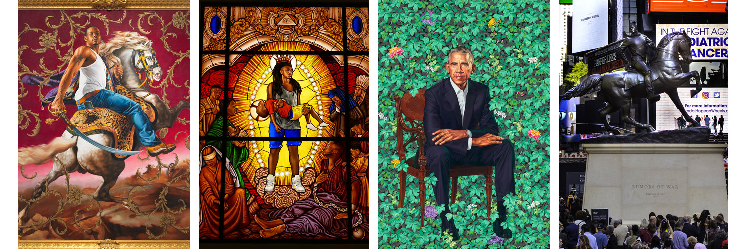 PHOTO: Four of Kehinde Waley's artworks. Photos courtesy of Kehinde Waley and Kylie Corwin. SOURCES: https://www.6sqft.com/artist-kehinde-wiley-unveils-rumors-of-war-sculpture-in-times-square/ & https://www.instagram.com/kehindewiley/