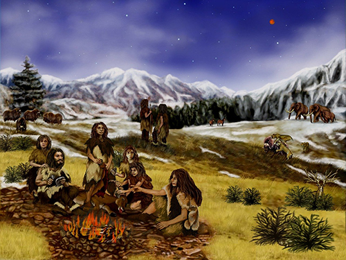 GRAPHIC: Prehistoric people living together, building fire, and exploring the land beneath the starry sky.