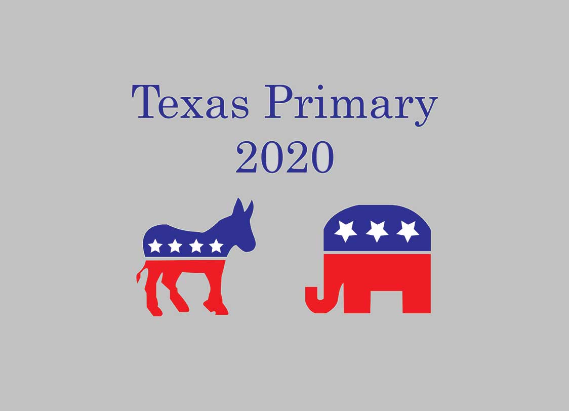 GRAPHIC: 'Texas Primary 2020" in blue text above Democrat donkey and Republican elephant. Graphic by the Signal reporter Teagan Findler.