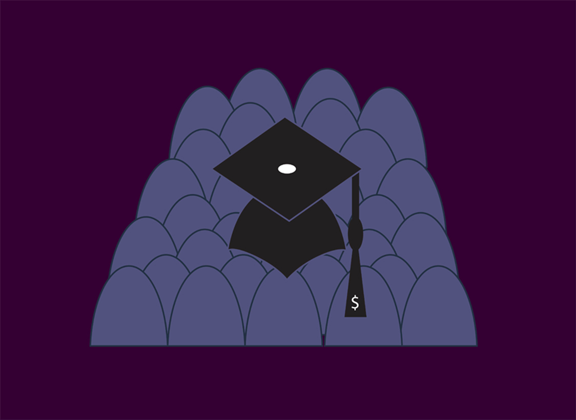 GRAPHIC: A graduation cap in front of chairs. The tassel on the cap has a U.S. currency symbol. Graphic by The Signal reporter Teagan Findler.