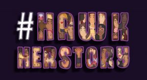 GRAPHIC: Image with the words "#HawkHerStory." The text is filled with different women. The background is all purple. Graphic created by The Signal Online Editor Alyssa Shotwell.