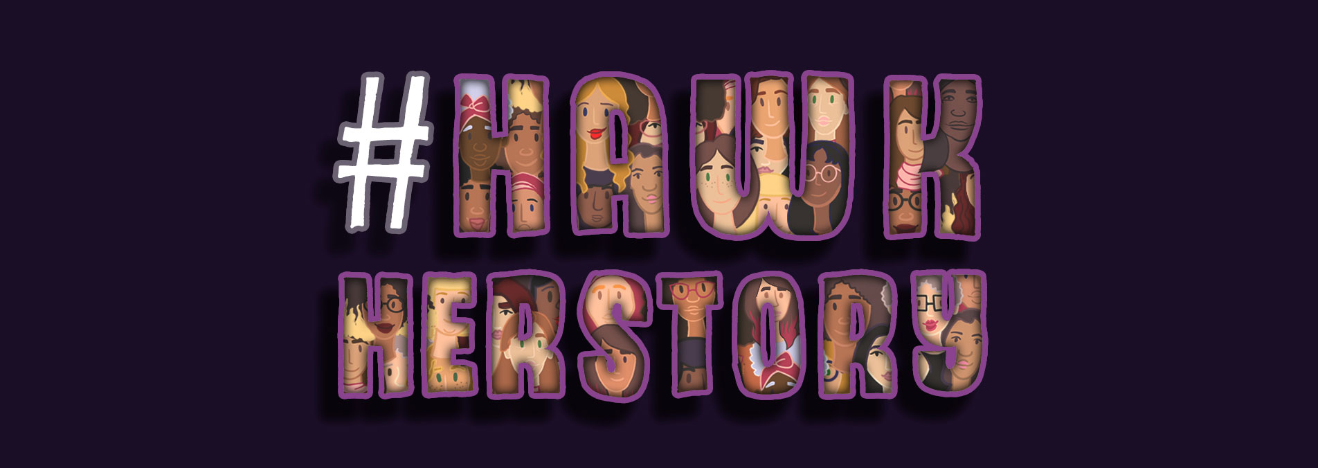 GRAPHIC: Image with the words "#HawkHerStory." The text is filled with different women. The background is all purple. Graphic created by The Signal Online Editor Alyssa Shotwell.