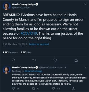 PHOTO: A tweet from Harris County Judge- Lina Hidalgo regarding COVID-19. Screenshot by the Signal reporter, Alyssa Lobue. SOURCE: https://twitter.com/HarrisCoJudge/status/1240667365987270657.