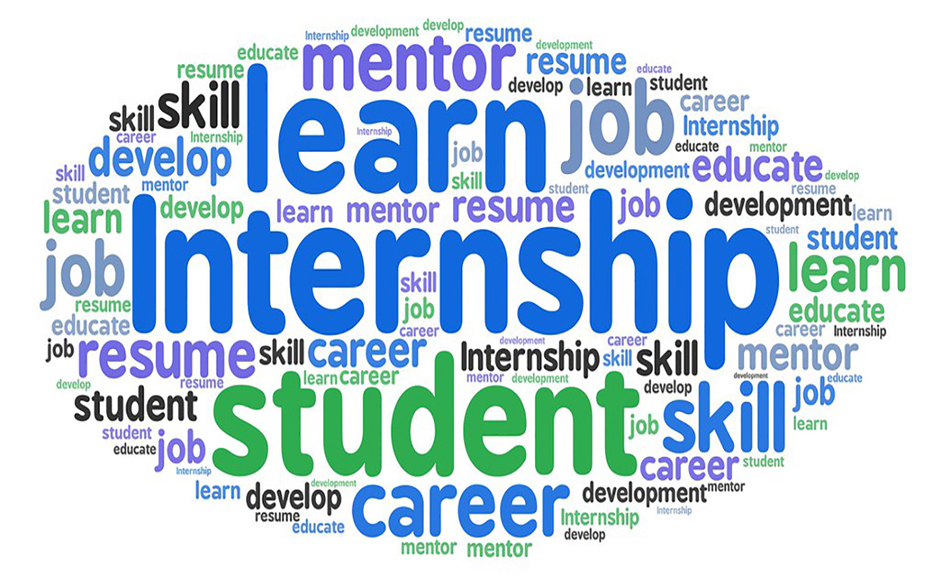 The image displays words associated with college internships. The words are in the colors green, blue, purple, gray, black. The image includes the words internship, student, career, skill, mentor, resume, and job.
