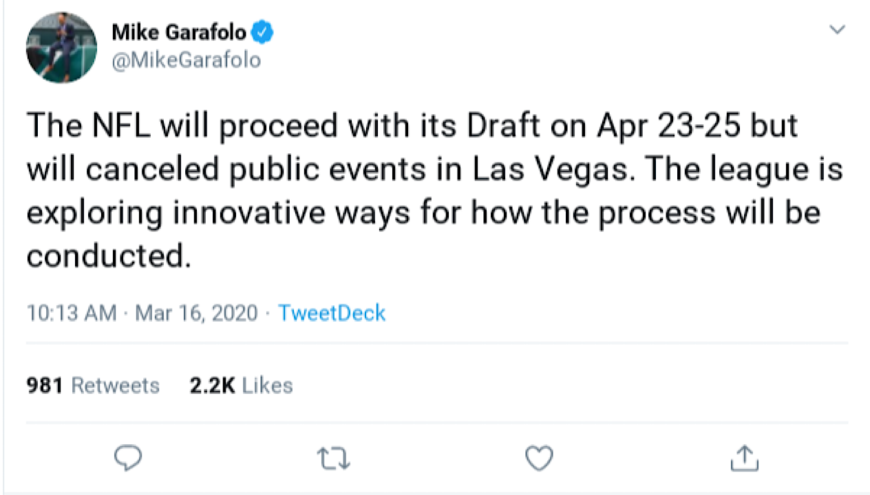 SCREENSHOT: Tweet from NFL insider Mike Garafolo announcing the cancellation of the 2020 NFL Draft as a public event. Photo Credit: Cody Behrend. SOURCE: https://twitter.com/MikeGarafolo/status/1239570453989113858