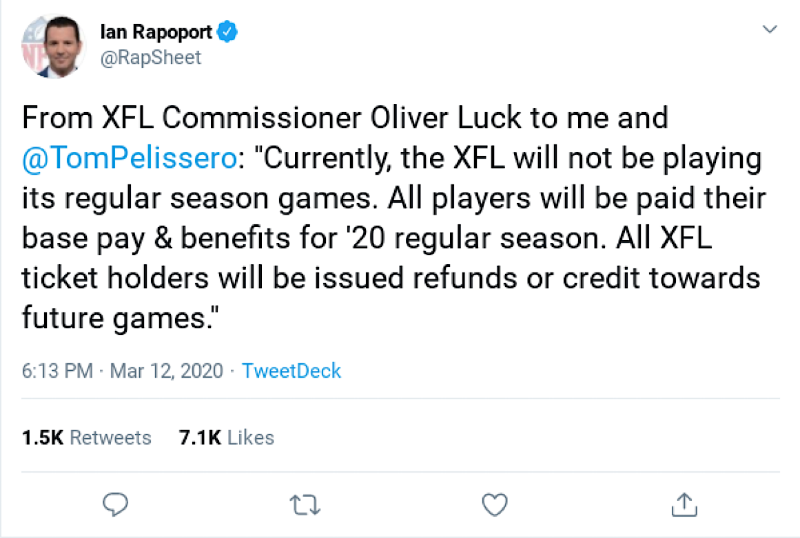 Tweet from NFL insider Ian Rapoport announcing the cancellation of the 2020 XFL season.