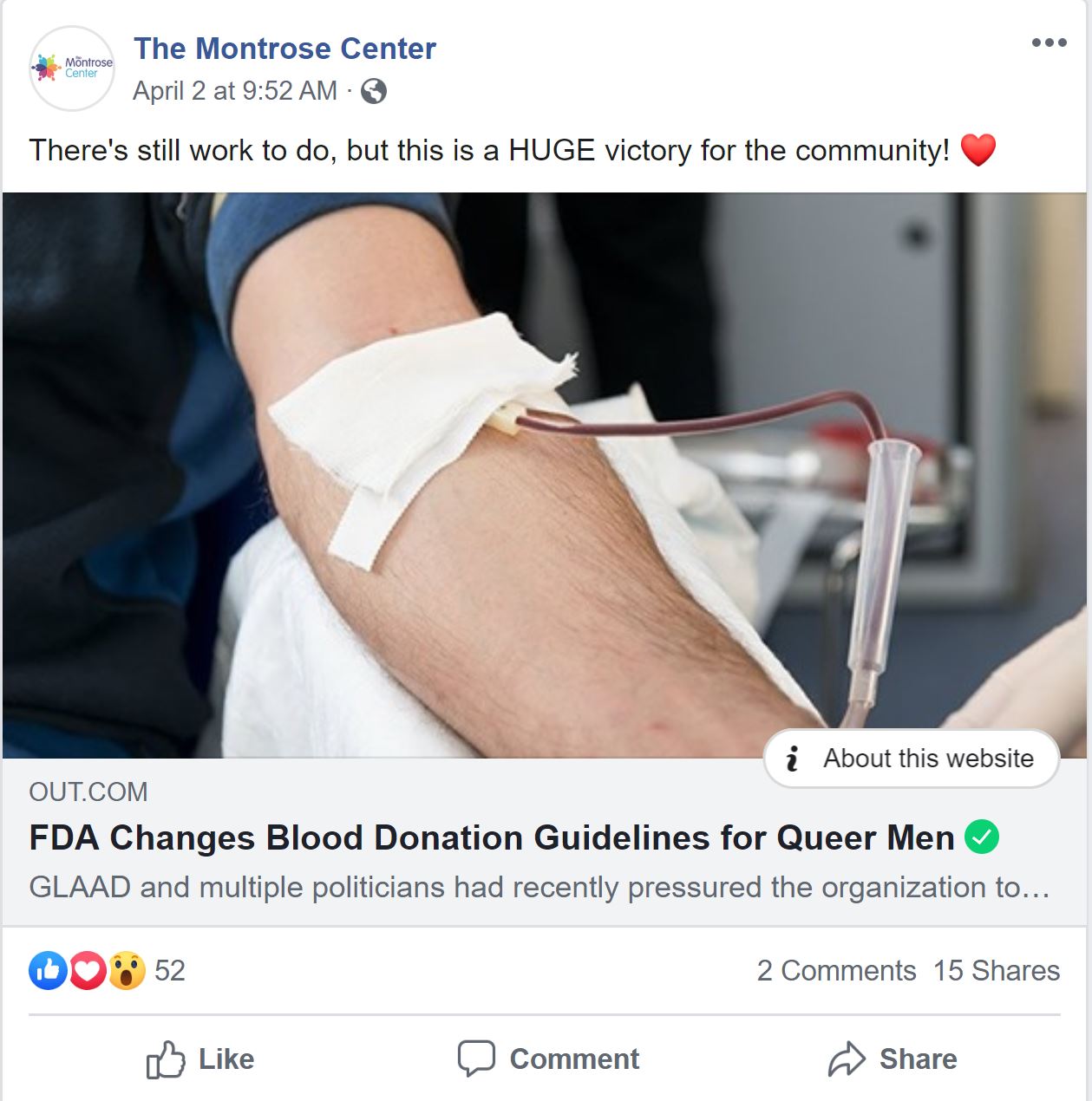 The Montrose Center's Facebook post on the FDA lowering blood donation restrictions. Screenshot by The Signal reporter, Teagan Findler.