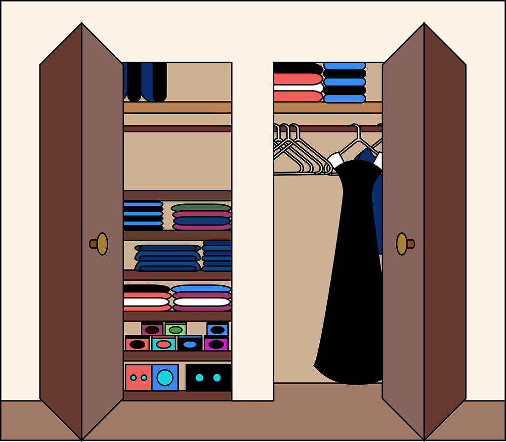 Graphic: Graphic portrayal of a neatly organized, double-sided closet featuring garments hanging on one side as well as organized, folded clothing on the other. Graphic courtesy of BilliTheCat via Pixabay.