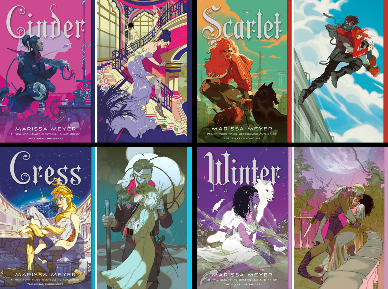 PHOTO: Each of the four main books redesigned from the Lunar Chronicles by Marissa Meyers. Photo courtesy of Marissa Meyers and Macmillan Publishers. SOURCE: https://www.marissameyer.com/blogtype/the-lunar-chronicles-redesigned-paperbacks-are-available-now/