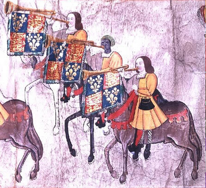 SOURCE: Trumpeters on the "Westminster Tournament Roll." Photo courtesy of the U.K. National Archives and Medievalpoc. https://www.nationalarchives.gov.uk/pathways/blackhistory/early_times/blanke.htm and https://medievalpoc.tumblr.com/post/52069684636/thomas-wriothesley-garter-king-of-arms