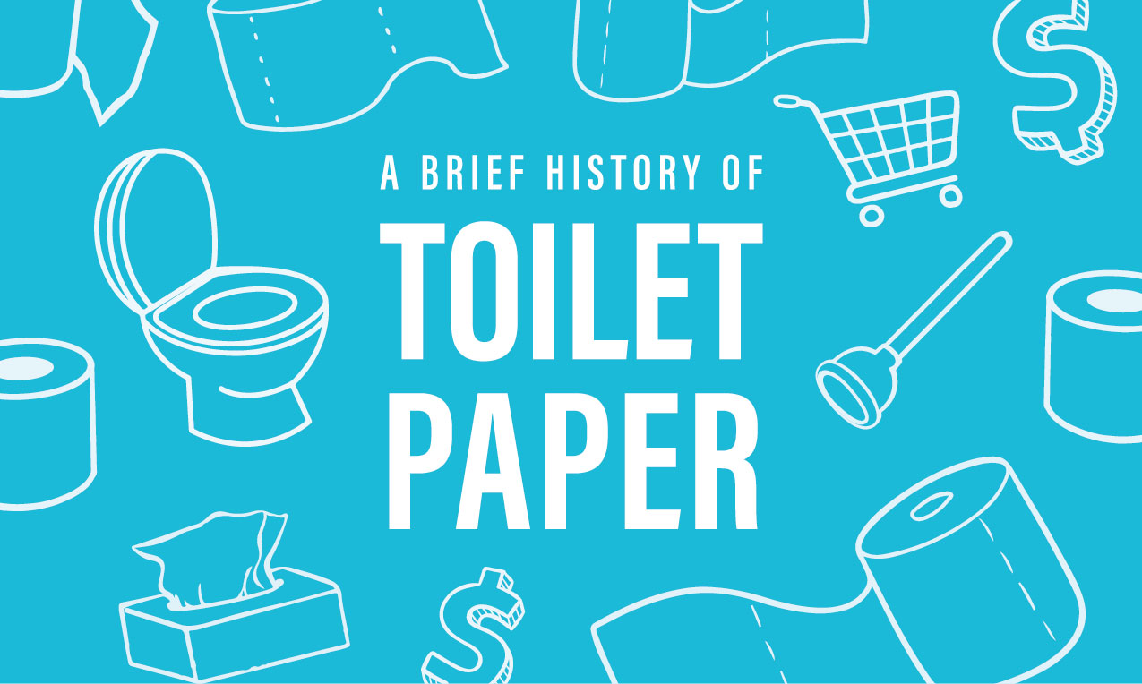 GRAPHIC: A BRIEF HISTORY OF TOILET PAPER text with blue and white outlines of toilet paper and toilet related items. Graphic by The Signal Reporter Zeb Lunz.
