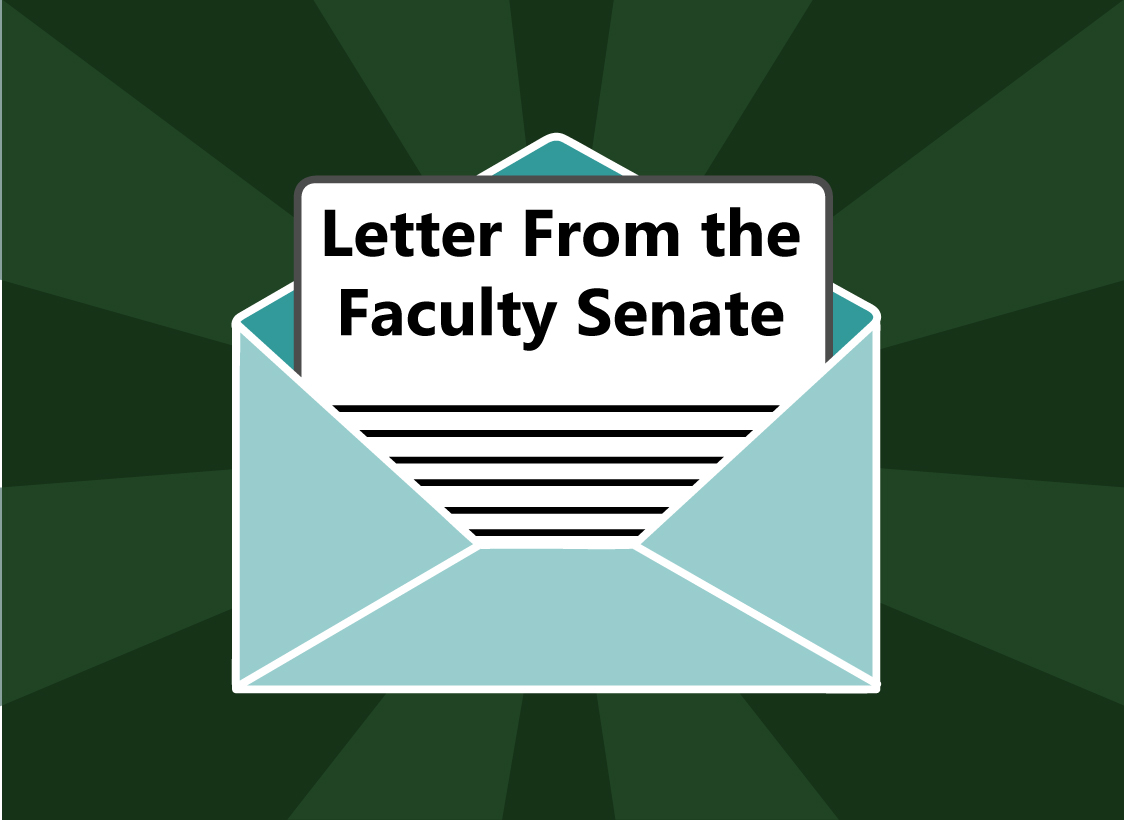 GRAPHIC: Wide Banner with a blue letter. Text inside the letter reads "Letter From the Faculty Senate." Graphic by The Signal Online Editor Alyssa Shotwell.