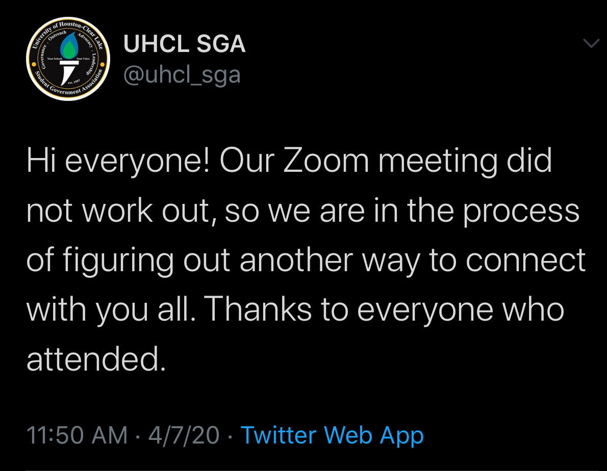 SCREENSHOT: The UHCL SGA tweeted that their Zoom meeting did not work and that they were in the process of figuring out another way to connect. Screenshot by The Signal reporter, Valery Rodriguez. SOURCE:
