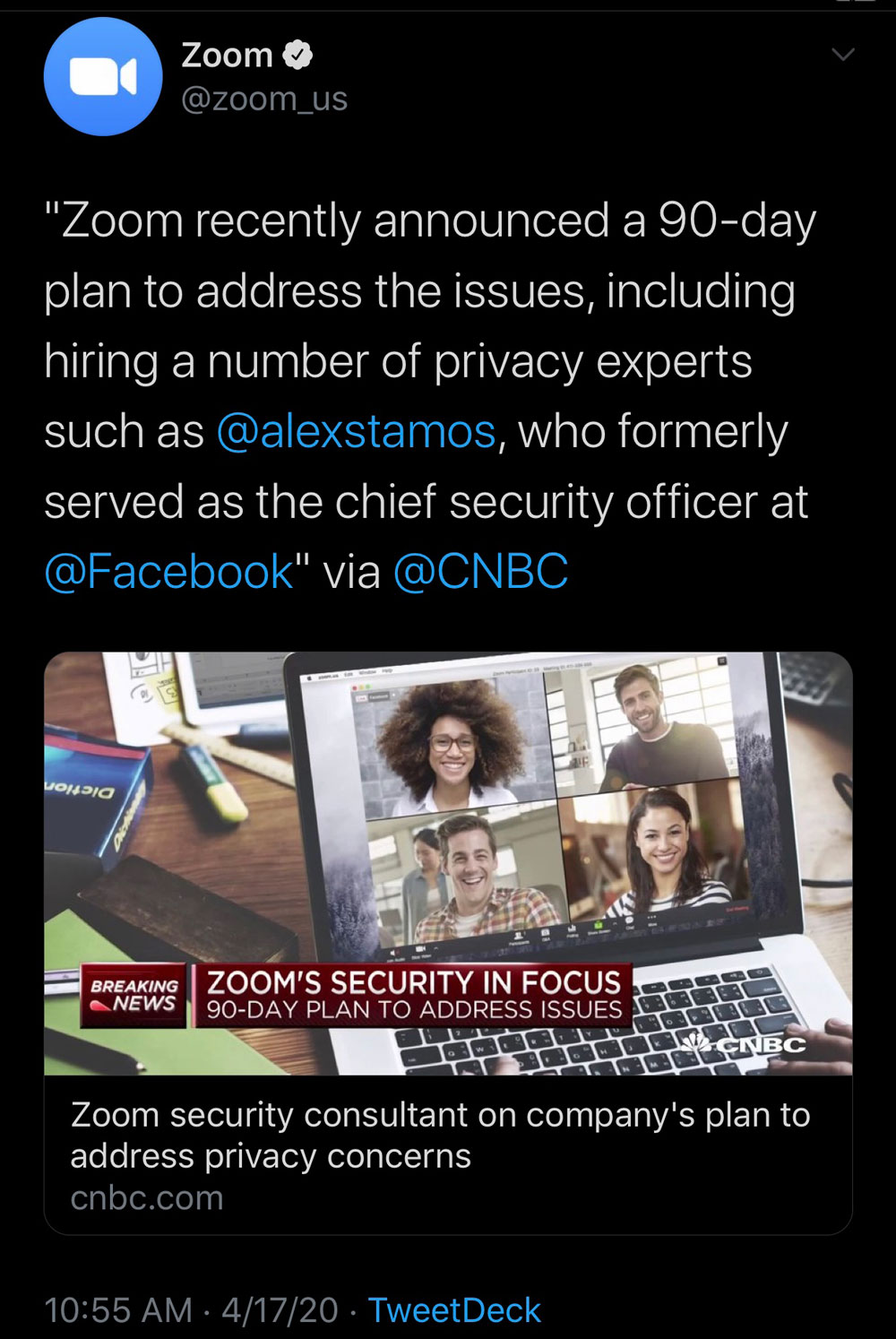 SCREENSHOT: Zoom US tweeted a link to CNBC which addresses Zooms 90 day plan to address privacy and security issues. Screenshot by The Signal reporter, Valery Rodriguez. Source: https://twitter.com/zoom_us/status/1251177349317570560