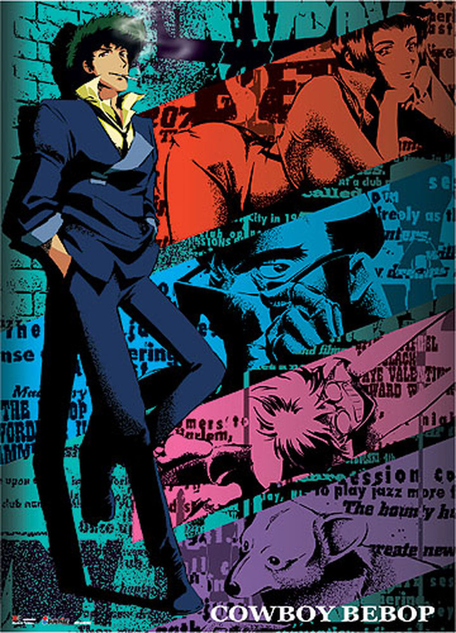 IMAGE: Poster of "Cowboy Bebop" featuring the main four characters and their corgi. Image courtesy of Sunrise Studios.