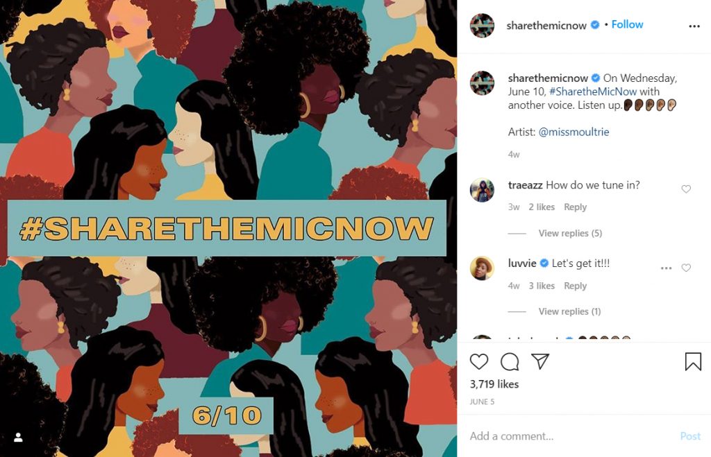 SCREENSHOT: A graphic of the heads of women of color with text in the middle that reads '#SHARETHEMICNOW.' Screenshot by The Signal reporter Amanda Weidle via @sharethemicnow on Instagram. SOURCE: https://www.instagram.com/p/CBEPGXPDXrb/
