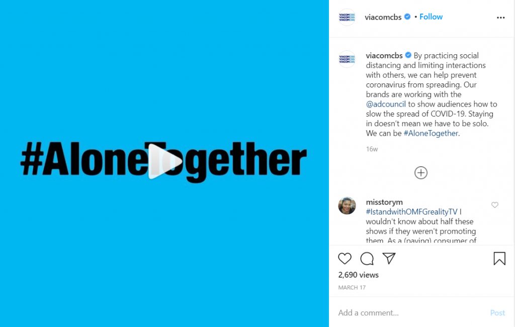 SCREENSHOT: A blue square with black text that reads'#AloneTogether.' Screenshot by The Signal reporter Amanda Weidle via @viacomcbs on Instagram. SOURCE: https://www.instagram.com/p/B91c5QIHFT-/