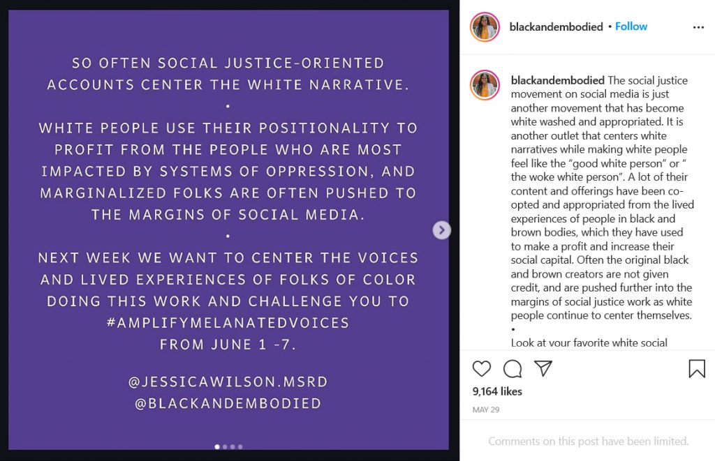 SCREENSHOT: A purple square with white text about the importance ofScreenshot by The Signal reporter Amanda Weidle via @blackandembodied on Instagram amplifying melanated voices. SOURCE: https://www.instagram.com/p/CAxYv9oFKxf/