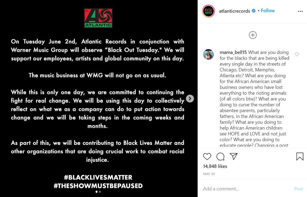 SCREENSHOT: A black square with white text about blackout tuesday and it's significance. Screenshot by The Signal reporter Amanda Weidle via @atlanticrecords on Instagram. SOURCE: https://www.instagram.com/p/CA0-UXsg1DD/