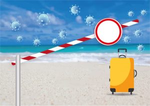 GRAPHIC: The graphic shows a beach with yellow luggage on the sand and crossing arm being raised for access to the beach.There are clear bubbles in the sky in the shape of COVID-19. Graphic by The Signal Reporter Valery Rodriguez.