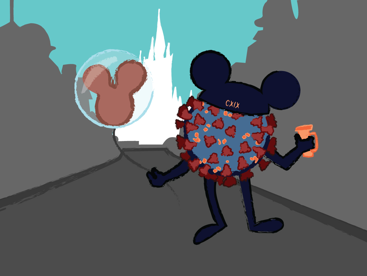 GRAPHIC: Covid-19 walking in Magic Kingdom, Disney World holding a souvenir cup, wearing Mickey ears with the embroidered CXIX and holding a Mickey balloon. Graphic by The Signal Online Editor Alyssa Shotwell.
