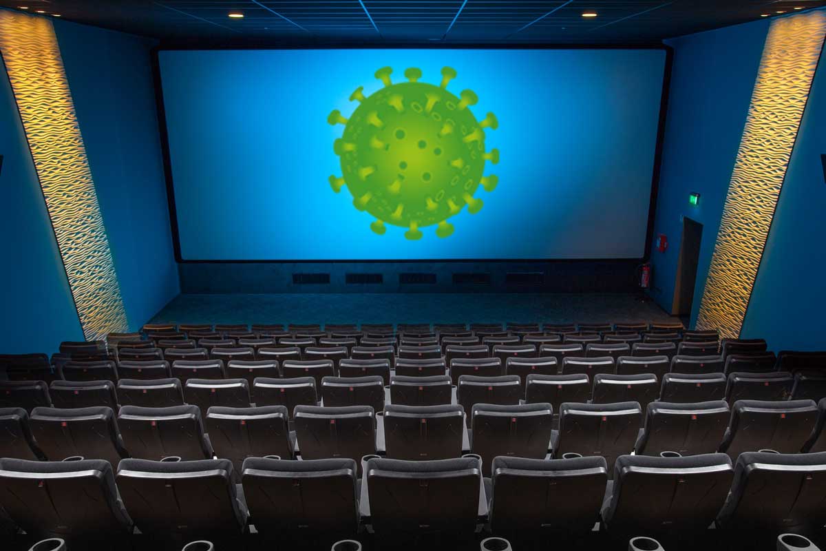 GRAPHIC: COVID-19 illustration on a movie theater screen. Graphic by The Signal Executive Editor Miles Shellshear.