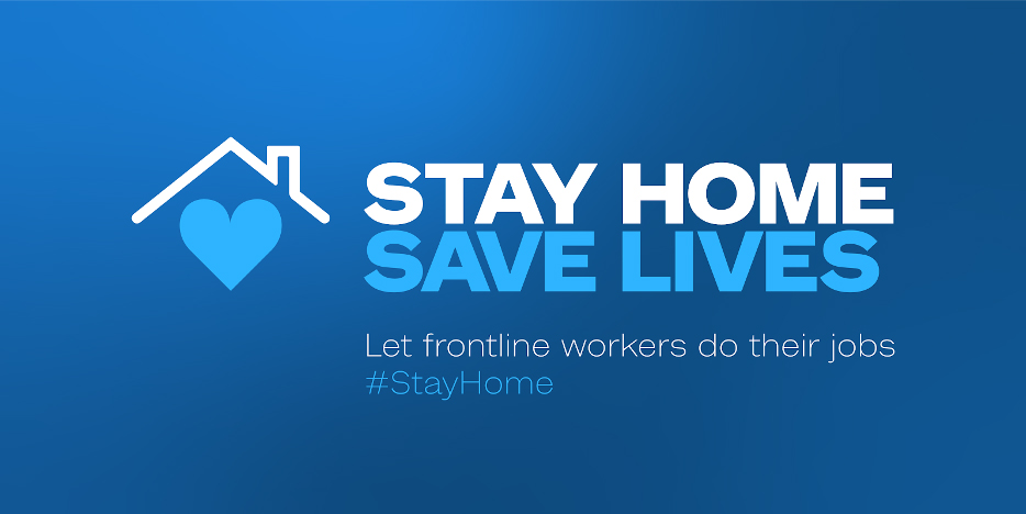 GRAPHIC: Blue rectangle with text in the middle that reads ' Stay Home, Save Lives. Image courtesy of stayhomesavelives.us SOURCE: https://www.stayhomesavelives.us/