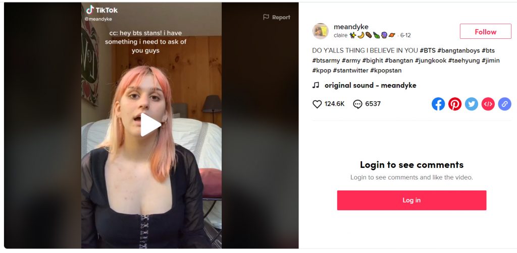 SCREENSHOT: A video of a women sitting on the ground wearing a black shirt. The text at the top of the video reads 'cc: hey bts stans! i have something i need to ask of you guys.' Screenshot by The Signal reporter Amanda Weidle via @meandyke on TikTok. SOURCE: https://www.tiktok.com/@meandyke/video/6837633203692522758