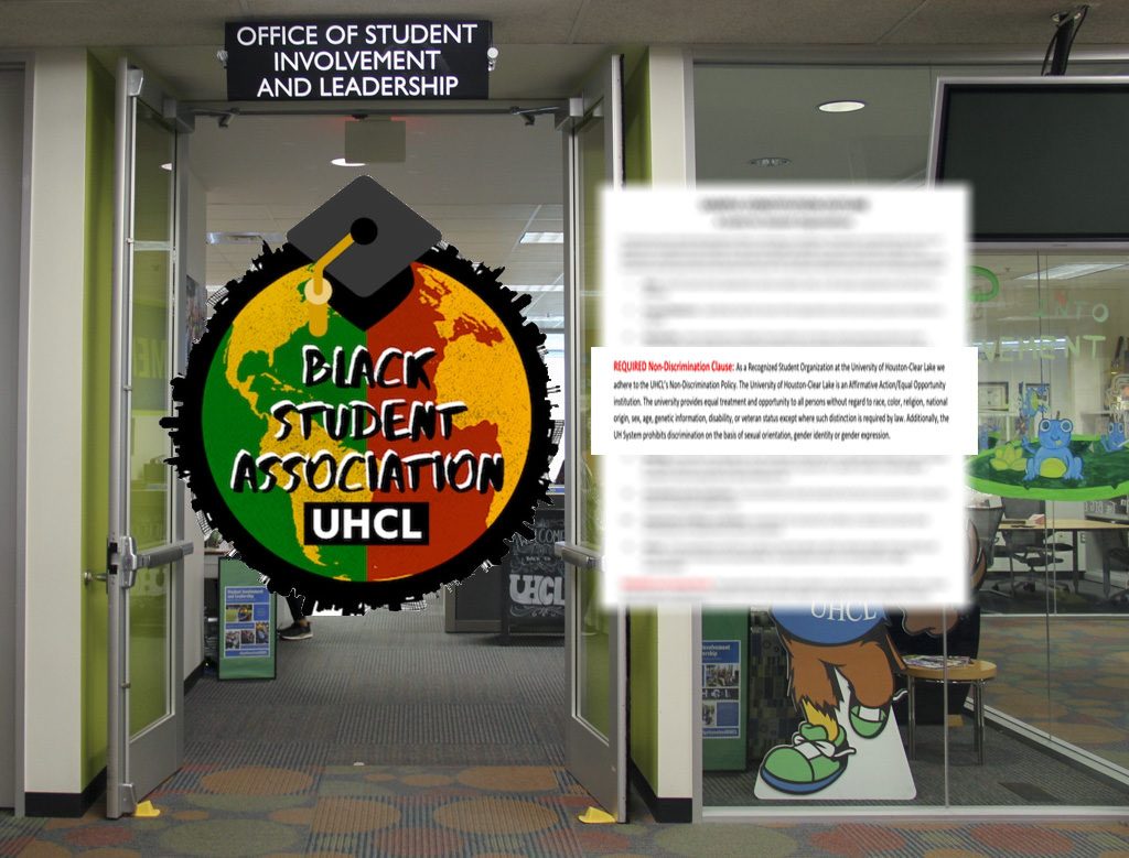 GRAPHIC: The BSA logo next to a blurred image of a sample constitution, with the non-discrimination clause highlighted. The two graphics are next to each other with a picture of the office of Student Involvement and Leadership. Graphic by The Signal Managing Editor of Content and Operations Troylon Griffin II.