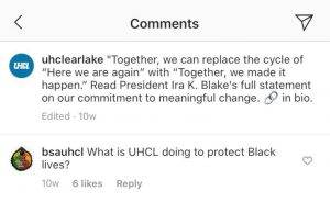 SCREENSHOT: A comment from BSA on UHCL's Instagram post. Screenshot by The Signal Editor-in-Chief Emily Nichelle Wolfe.