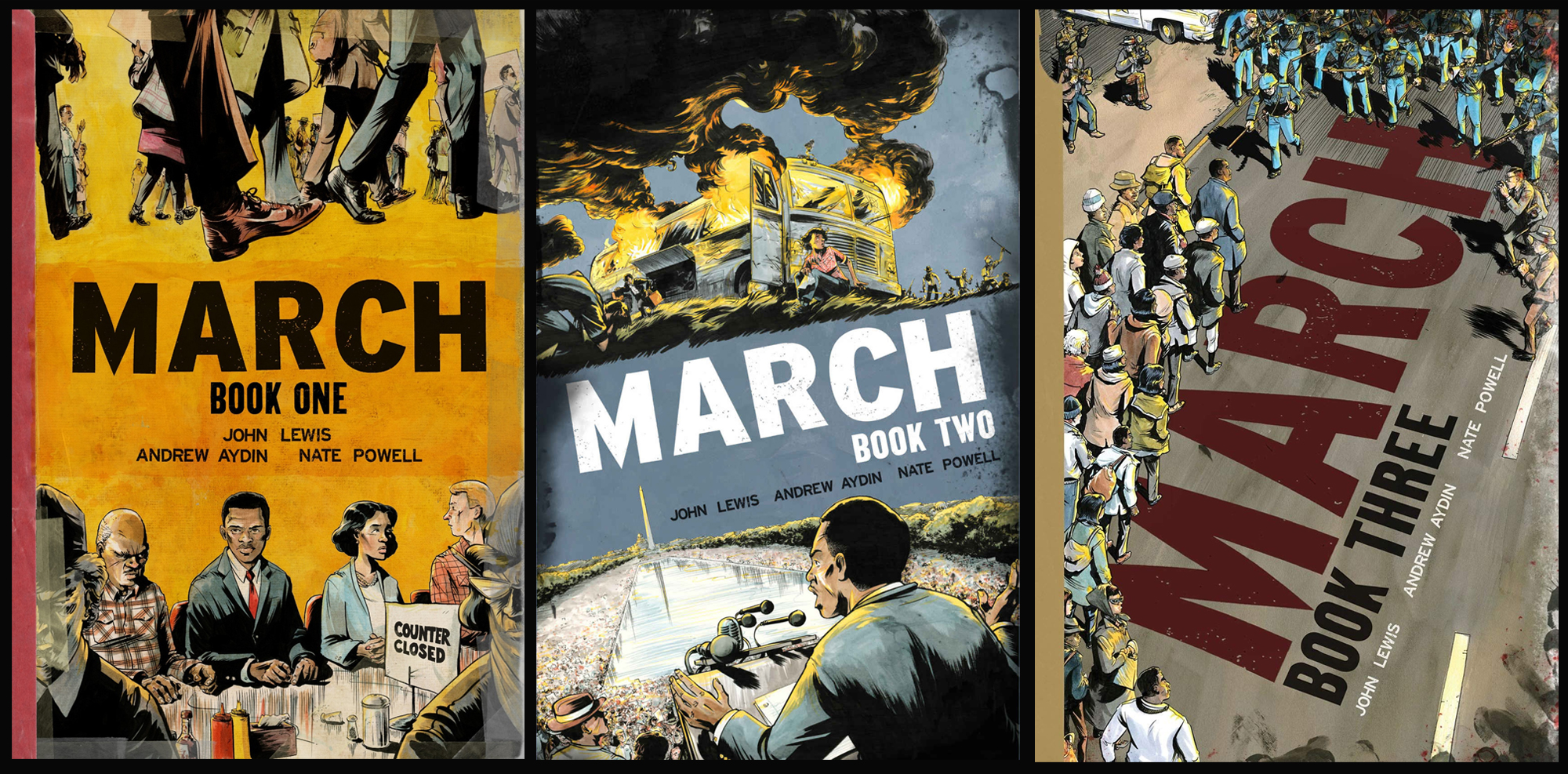 COVER: Three covers of each volume in the "March" trilogy. Covers courtesy of Top Shelf Productions. SOURCE: https://www.penguinrandomhouse.com/series/1MA/march