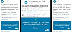 GRAPHIC: A collage of screenshots from UHCL's June 1 social media posts that include the same text and same quote image across all three platforms. Screenshot and graphic by The Signal Editor-in-Chief Emily Nichelle Wolfe.