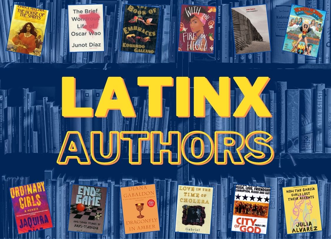 GRAPHIC: Feature image with the text "Latinx authors" in front of a book shelf and with floating book titles featured in the listicle around it. Books courtesy of respective publishing houses and graphic by The Signal Online Editor Alyssa Shotwell.