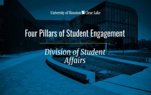 GRAPHIC: Visual of the plaza at UHCL with a blue filter over it. The text includes UHCL's name and the title of the slide, "The Four Pillars of Student Engagement" and "Division of Student Affairs." Graphic courtesy of Aaron Hart and the Division of Student Affairs.