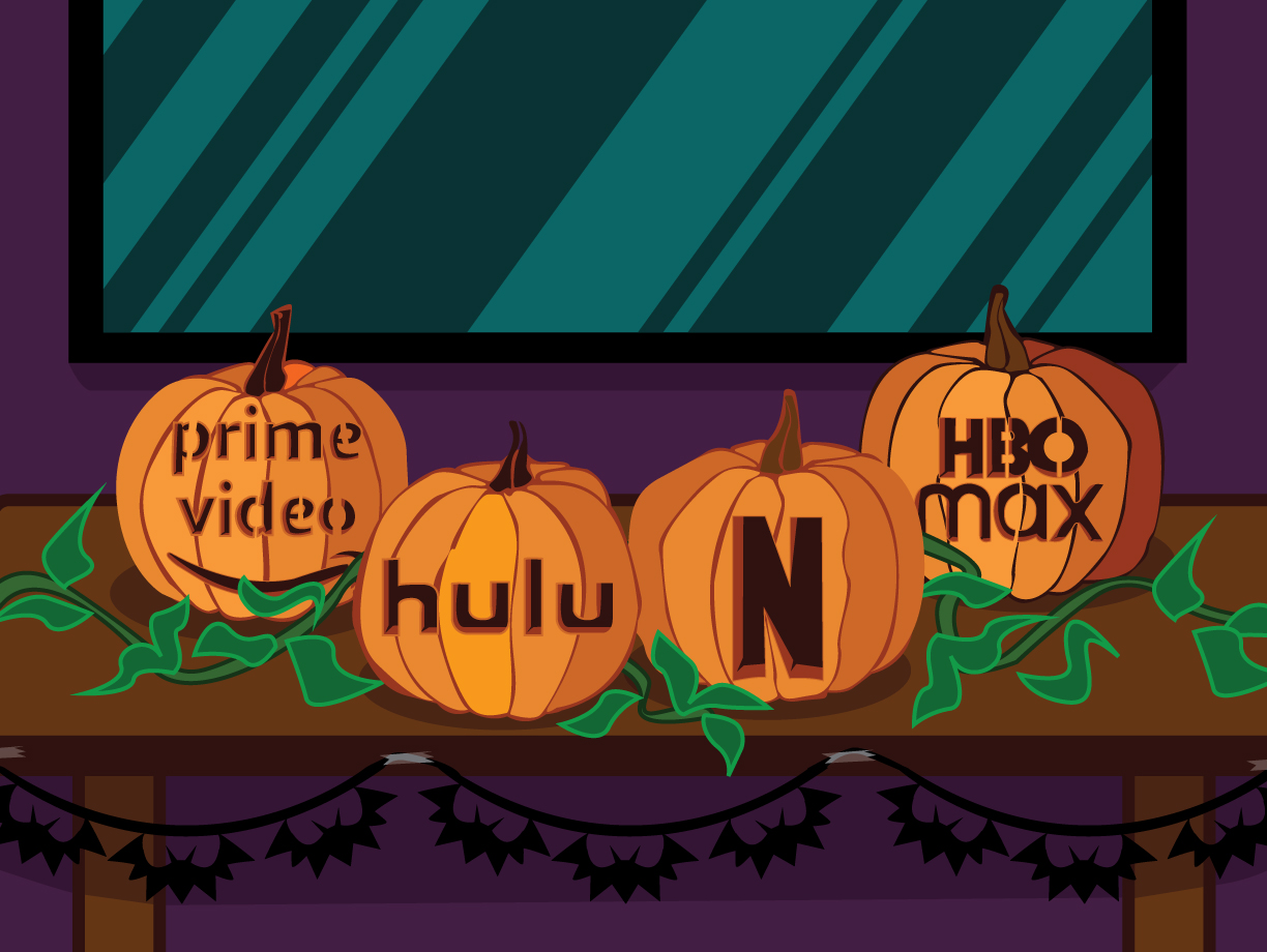 ILLUSTRATION: Four pumpkins sit on a table and each are carved with a streaming service logo. Illustration by The Signal Online Editor Alyssa Shotwell.