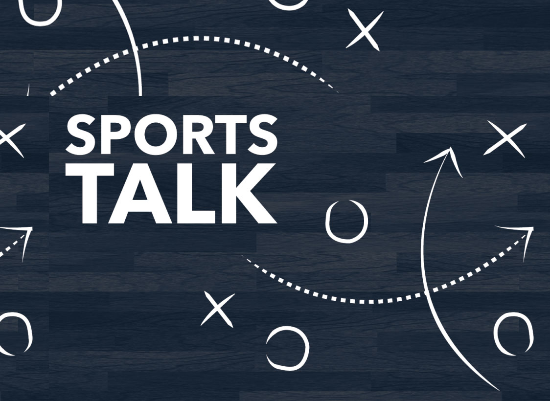 GRAPHIC: Logo for The Signal's "Sports Talk" podcast. Graphic depicts the words "SPORTS TALK" with arrows, circles and letter x's that are commonly used to display football plays. Graphic by The Signal Managing Editor Sam Savell. Revised for size in 2020 by Troylon Griffin II.