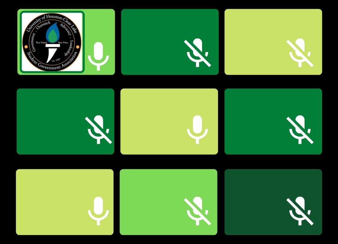 GRAPHIC: Zoom call with different mics muted and unmuted. One of the mics unmuted features the SGA logo. Graphic by The Signal Online Editor Alyssa Shotwell.
