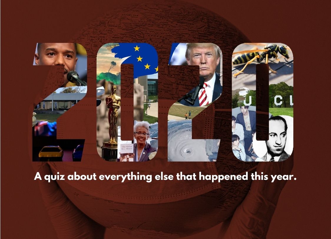 COLLAGE: Text reads "2020: A quiz about everything else that happened in this year." Collage features images of various people and events of 2020. Collage by The Signal Online Editor Alyssa Shotwell. All images by The Signal or courtesy of the Creative Commons. Background image courtesy of Anna Shvets via Pexels.com.
