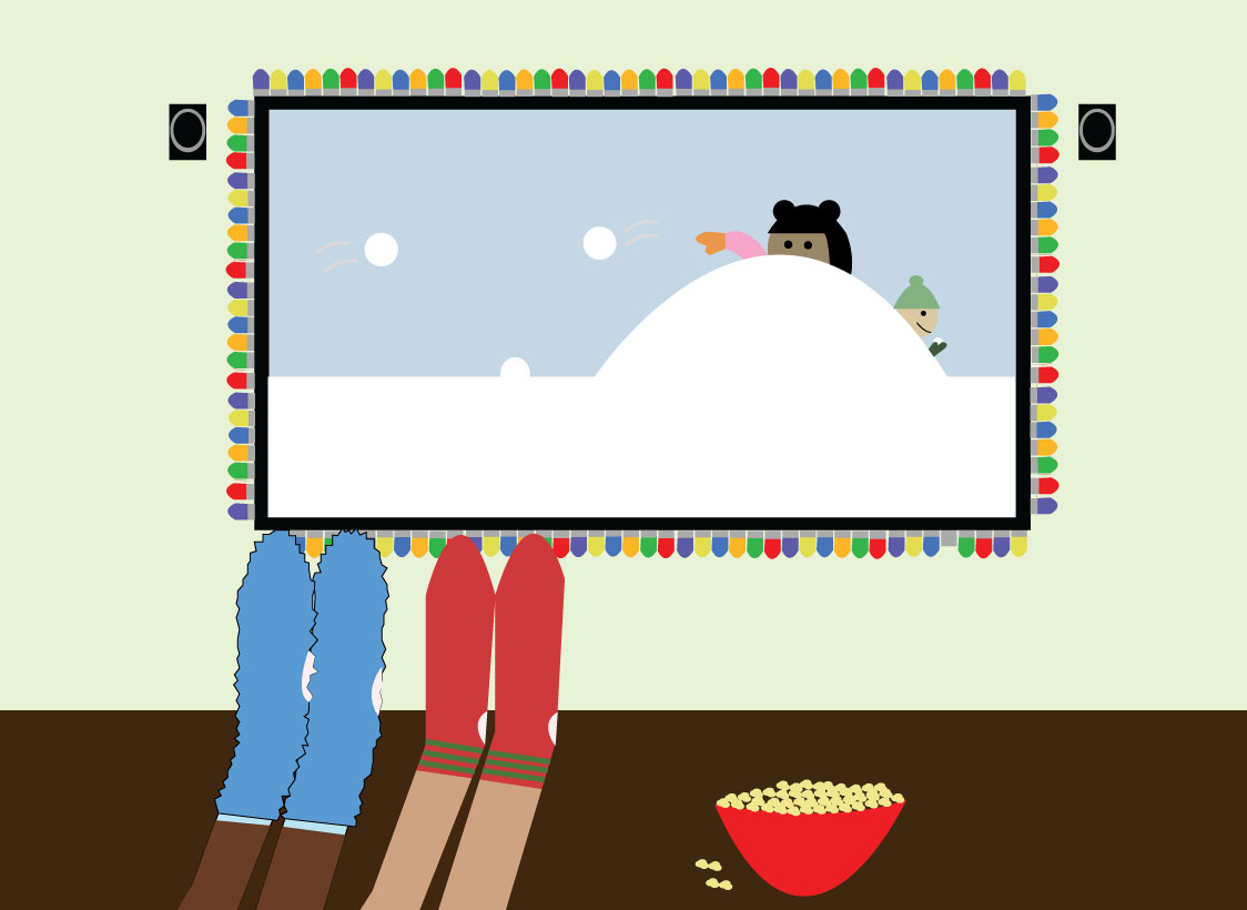 GRAPHIC: Four feet with socks on next to a bowl of popcorn on top of a table. There is a showing of a snowball fight on the television decorated with Christmas lights. Graphic by The Signal Managing Editor-Outreach Stephanie Perez