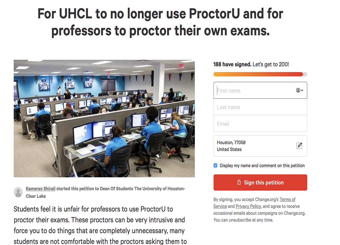 SCREENSHOT: A student created a petition on the change.org website for UHCL to get rid of ProctorU. Screenshot by The Signal reporter Jenna Schaub.