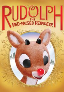 POSTER: Circle with a reindeer with a red nose sticking from it with the text 'Rudolph the Red-Nosed Reindeer' above it. Poster courtesy of Rankin/Bass Productions, Videocraft International and National Broadcasting Company (NBC). SOURCE: https://www.imdb.com/title/tt0058536/mediaviewer/rm2872720384/