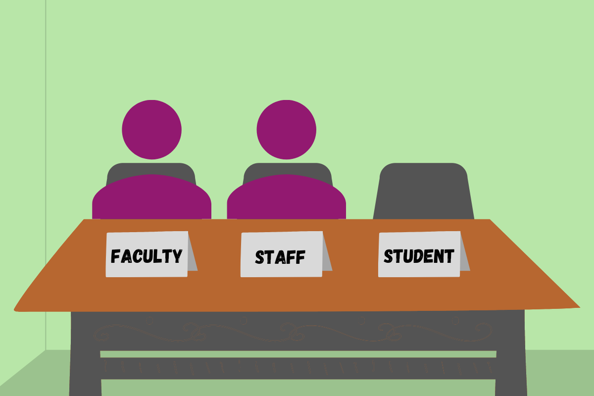 GRAPHIC: Two individuals seated at a table behind three placards labelled with text "faculty", "staff", and "student". The seat behind the "student" placard is vacant. Graphic by The Signal Audience Engagement Editor Jessica Kunzat